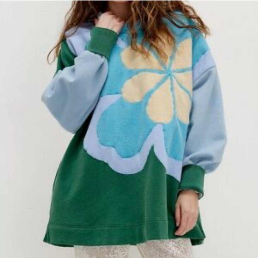 We The Free Green and Blue Floral Sweater
